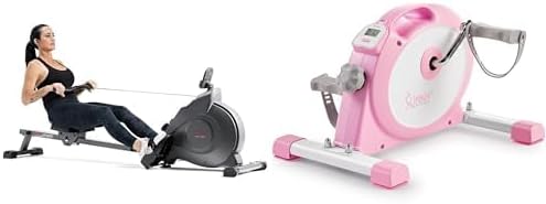 Sunny Health & Fitness Magnetic Rowing Machine with Exclusive SunnyFit App + Sunny Health & Fitness (Pink) Under Desk Smart Mini Pedal Exerciser