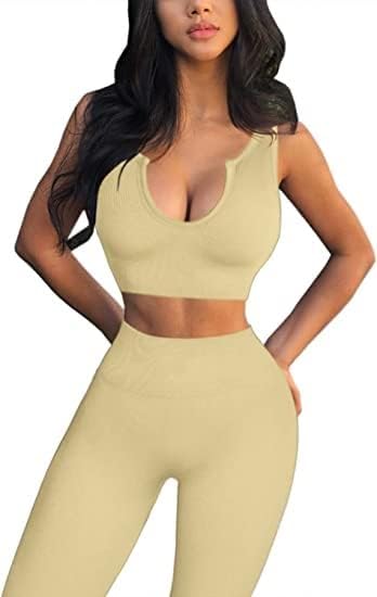 Yoga Pants 2 Piece Ribbed Seamless Yoga Outfit Workout Outfits Crop Tank High Waist Yoga Leggings Sets for Women Fitness Clothes Tracksuit
