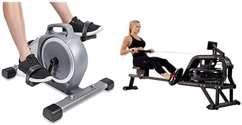 Sunny Health & Fitness Under Desk Mini Exercise Cycle Bike + Sunny Health & Fitness Obsidian Surge 500 Water Rowing Machine - SF-RW5713 , Black