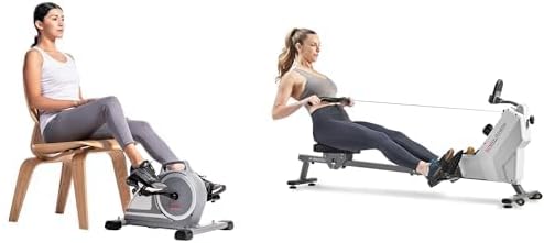 Sunny Health & Fitness Magnetic Under Desk Mini Exercise Cycle Bike, Dual Function Pedal Exerciser + Compact Folding Magnetic Rowing Machine with 109 CM Slide Rail, 130 KG Max Weight