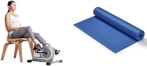 Sunny Health & Fitness Magnetic Under Desk Mini Exercise Cycle Bike, Dual Function Pedal Exerciser + Yoga Mat - Blue