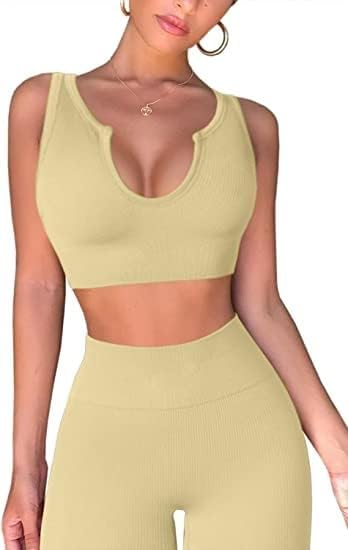 Yoga Pants 2 Piece Ribbed Seamless Yoga Outfit Workout Outfits Crop Tank High Waist Yoga Leggings Sets for Women Fitness Clothes Tracksuit