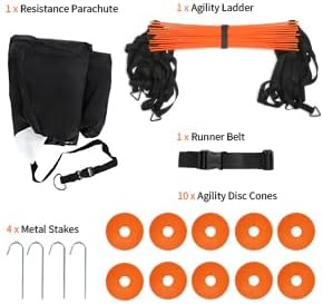 GHB Agility Ladder Speed Training Ladder Workout Ladder with 6 or 10 Cones 12 Rung 20ft with Resistance Parachute