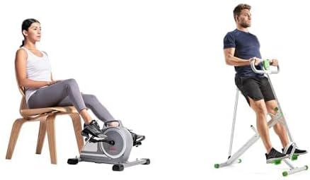 Sunny Health & Fitness Magnetic Under Desk Mini Exercise Cycle Bike, Dual Function Pedal Exerciser + Row-N-Ride Squat Assist Trainer for Glutes & Full Body Cardio Workout with Adjustable Resistance