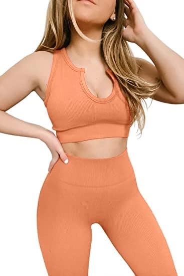 Yoga Pants 2 Piece Ribbed Seamless Yoga Outfit Workout Outfits Crop Tank High Waist Yoga Leggings Sets for Women Fitness Clothes Tracksuit