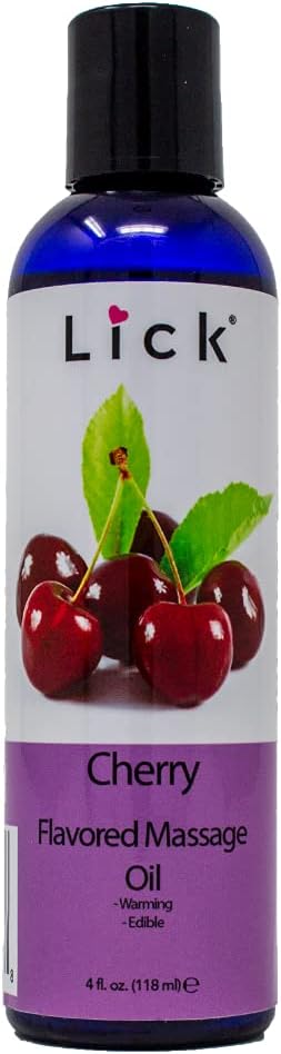 Lick Cherry Flavored Massage Oil – Bold Fruit Edible Massage Oil with Vitamin E, Rich Smooth Body-Safe Glide for Romantic Couples Massage Experiences, 4 oz