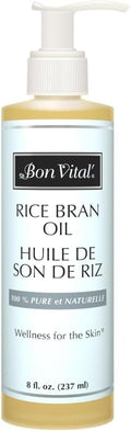 Bon Vital' Rice Bran Oil, 100% Pure and Cold Pressed Carrier Oils for Diffusers, Professional Massage Oil, Best Beauty Secret for Soft & Smooth Skin, Moisturizer & Sore Muscle Relief, 8 Ounce Bottle