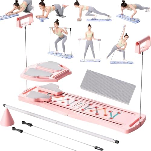 Foldable Pilates Board with Mat, Bar, Slider & Resistance Bands - Portable Reformer Machine Kit for Home, Gym & Office Workouts - Multifunctional Equipment for Women