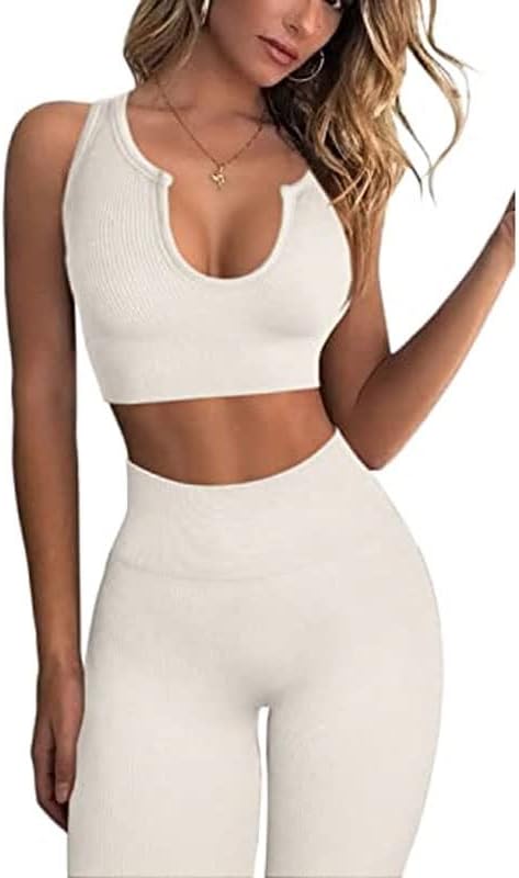 Yoga Pants 2 Piece Ribbed Seamless Yoga Outfit Workout Outfits Crop Tank High Waist Yoga Leggings Sets for Women Fitness Clothes Tracksuit