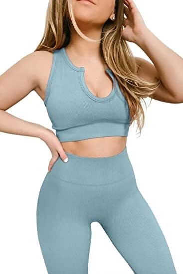 Yoga Pants 2 Piece Ribbed Seamless Yoga Outfit Workout Outfits Crop Tank High Waist Yoga Leggings Sets for Women Fitness Clothes Tracksuit