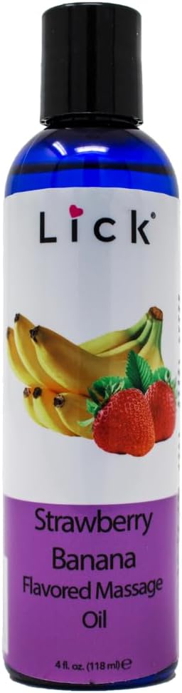 Lick Strawberry Banana Flavored Massage Oil – Sweet Creamy Fruit Edible Massage Oil with Vitamin E, Smooth Body-Safe Glide for Couples Massage & Relaxation, 4 oz