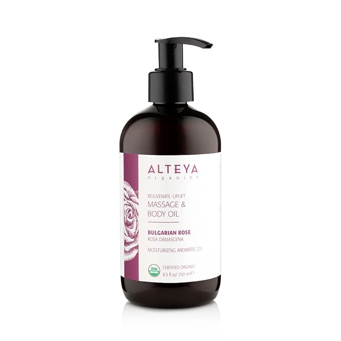 Alteya Organic Massage and Body Oil with Bulgarian Rose - USDA Certified Organic Natural Rejuvenating and Nourishing Aromatic Oil - 8.5 Fl Oz/250mL