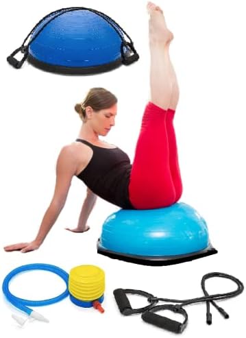Half Ball Balance Trainer, Half Yoga Balance Board Exercise Ball for Full Body Workout, Stability Ball Platform, Core AB Training Strength Home Workout Fitness Physical Therapy, 2 Resistance Bands
