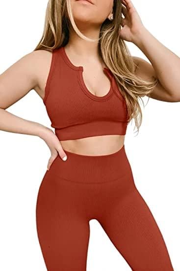 Yoga Pants 2 Piece Ribbed Seamless Yoga Outfit Workout Outfits Crop Tank High Waist Yoga Leggings Sets for Women Fitness Clothes Tracksuit