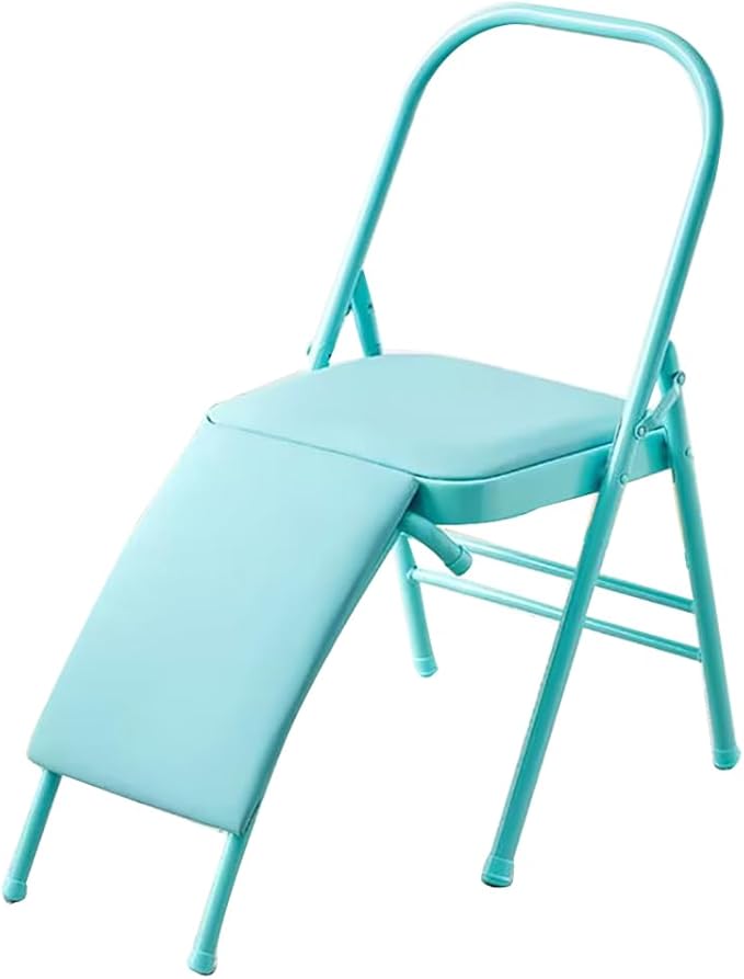 Pilates Yoga Chair,Professional Iyengar Auxiliary Chair,Hardened Thick Yoga Folding Chair,Solid Anti-Slip, Stable,Foldable and Portable Backless Chair,Blue- Yoga Chair (with Waist Drag)