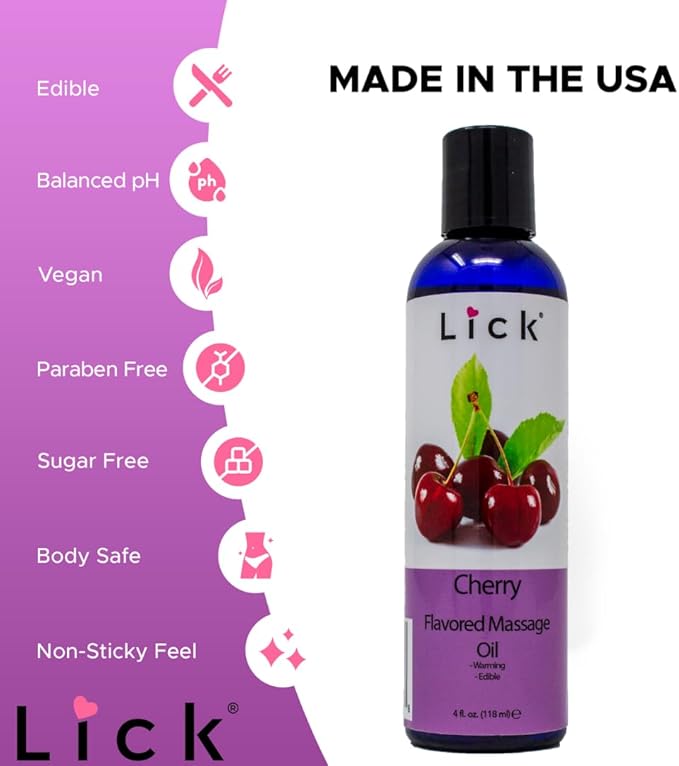 Lick Cherry Flavored Massage Oil – Bold Fruit Edible Massage Oil with Vitamin E, Rich Smooth Body-Safe Glide for Romantic Couples Massage Experiences, 4 oz