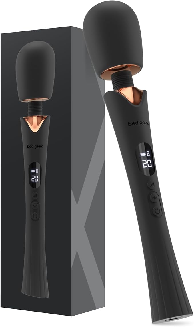 bed geek Cordless Wand Massager – Super Powerful Handheld Massage with 20 Speeds & 8 Patterns, Soft Silicone Head, Quiet Motor, LED Display, Body-Safe & Waterproof Black & Rose Gold