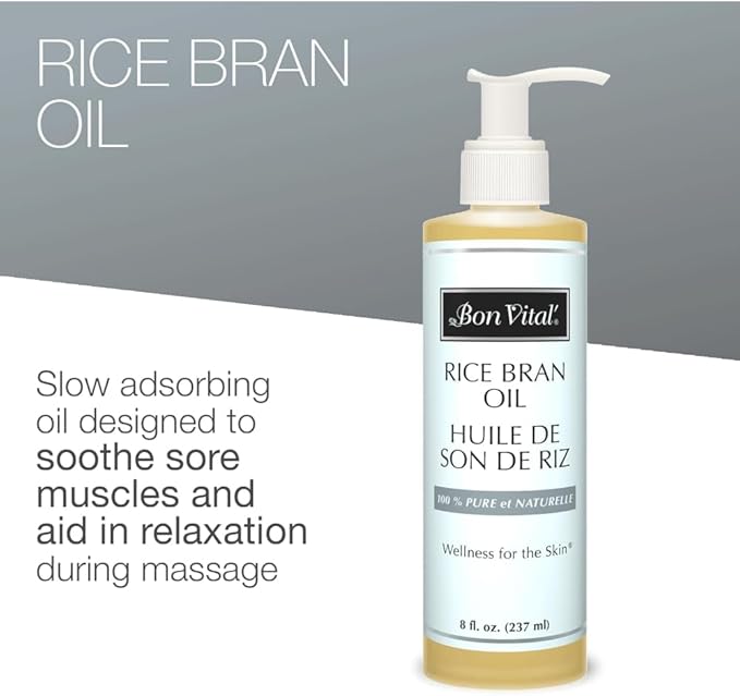 Bon Vital' Rice Bran Oil, 100% Pure and Cold Pressed Carrier Oils for Diffusers, Professional Massage Oil, Best Beauty Secret for Soft & Smooth Skin, Moisturizer & Sore Muscle Relief, 8 Ounce Bottle