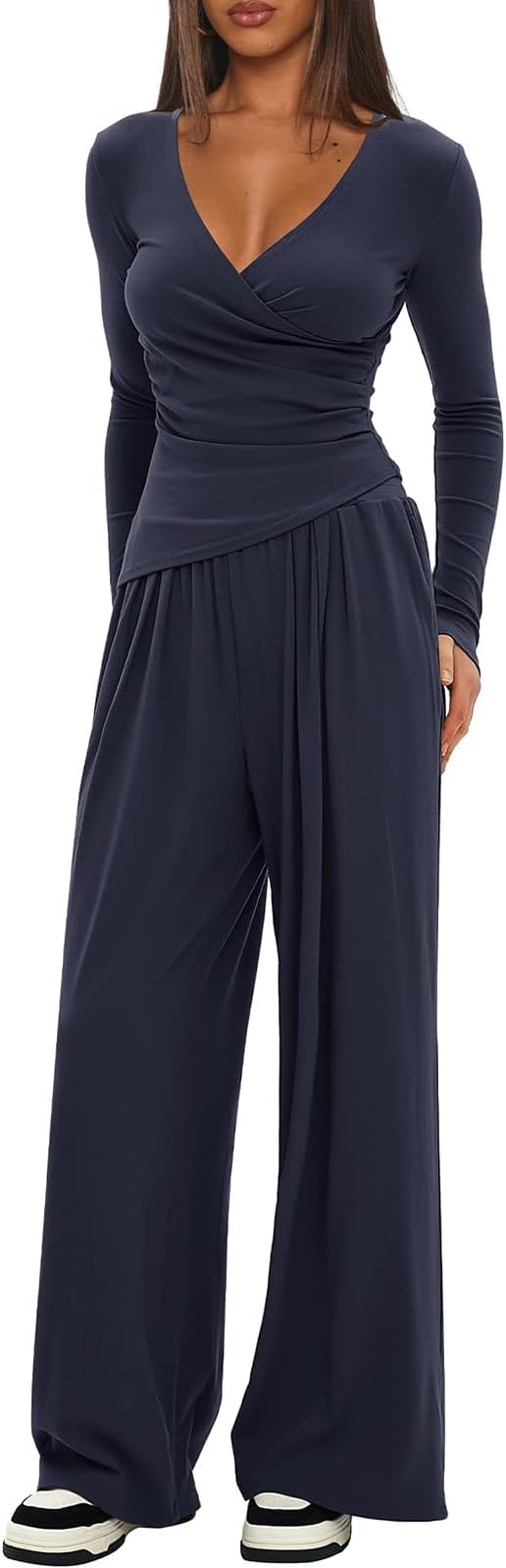Womens 2 Piece Outfits Pilates Yoga Long Sleeve Tops Wide Leg Pants Sets Sexy Fashion Workout Outfits Casual Clothes