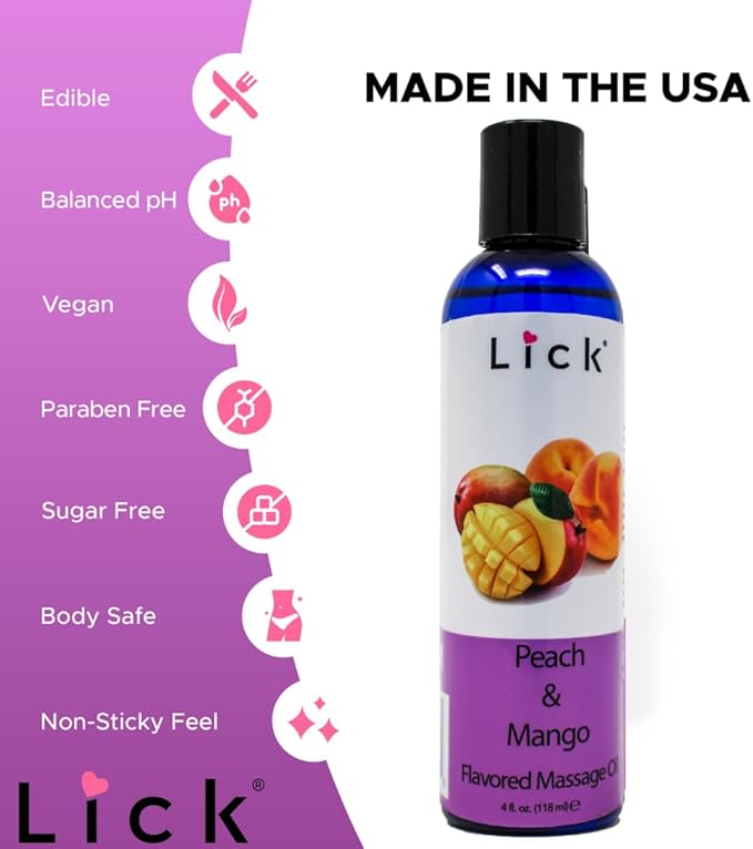 Lick Peach Mango Flavored Massage Oil – Juicy Tropical Blend Edible Massage Oil with Vitamin E, Lightweight Smooth Glide for Couples Massage & Sensory Play, 4 oz