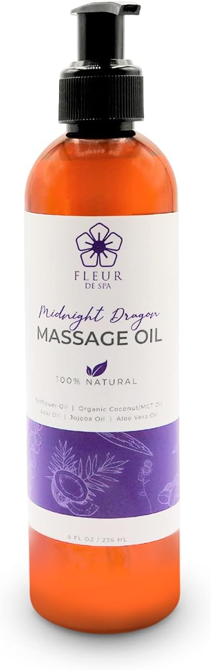 Massage Oil 8oz Pump by FLEUR DE SPA – Luxurious Therapeutic Body Oil – Made in USA – Safflower & Organic Coconut with Acai Berry – Soothes Sore Muscles, Relieves Stiffness, Anti-Cellulite