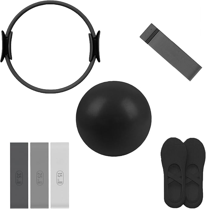 Pilates Ring Set, 14" Magic Circle, Long & Loop Resistance Bands, Soft Pilates Ball, Grip Socks,Puller, Home Workout Equipment for Women & Beginners to Tone, Flexibility & Core Strength