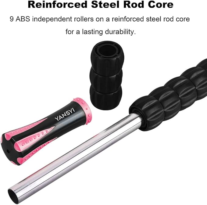 YANSYI Muscle Roller - Professional Deep Tissue Massage Stick with 9 Rollers for Athletes, Portable Soreness Relief for Back & Leg Pain, Post-Workout Recovery Tool (Pink)