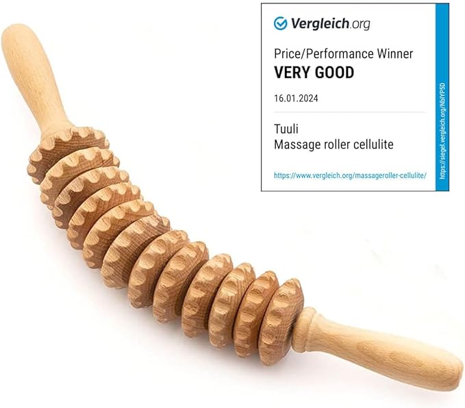 Tuuli Wooden Massage Roller for Waist and Thigh, Multi-Functional Body Roller for Cellulite Reduction and Muscle Tension, Natural Massager for Women and Men (Curved)