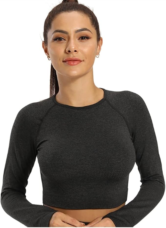 Yoga Set Seamless Women Long Sleeve Blouses Top Gym Sport Bra High Waist Tight Leggings Fitness Suit Shorts Sets (Color : Black Long sleeve, Size : Large)