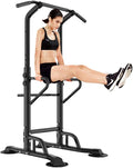 Dland Power Tower Adjustable Height Pull Up and Dip Station Multi-Function Home Strength Training Fitness Workout Station Sturdy Chin-Up Bar Stand Dip Station,Black