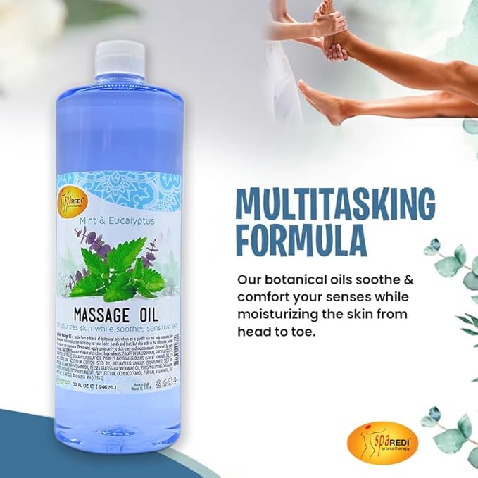 SPA REDI - Massage Oil, Mint Eucalyptus, 32 Oz - Professional Full Body Massage Therapy, Manicure, Pedicure - Relax Sore Muscles and Repair Dry Skin, Enhanced with High Absorption Oils and Vitamin E