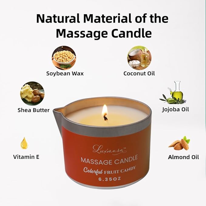 Massage Candle-Low Temp Scented Soybean Oil-Heat Therapy Body Oil Lotion Candle-Natural Shea Butter Massage Oil for Couples-6.35 OZ (Colorful Fruit Candy Scent)