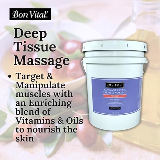 Bon Vital' Deep Tissue Massage Creme, 5-Gallon Container, Lightweight Non-Greasy Formula for All Skin Types, Ideal for Deep Muscle Manipulation, Hydrating Massage Lotion for Spa and Home Use