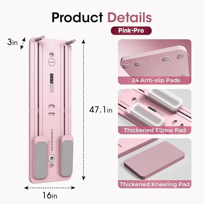 Multi-Functional Pilates Board, Foldable Home Pilates Reformer, Ab & Core Strength Workout Equipment, 300LBS Capacity, Pink, 47.1 x 16 x 3 Inches