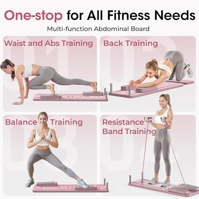 Multi-Functional Pilates Board, Foldable Home Pilates Reformer, Ab & Core Strength Workout Equipment, 300LBS Capacity, Pink, 47.1 x 16 x 3 Inches