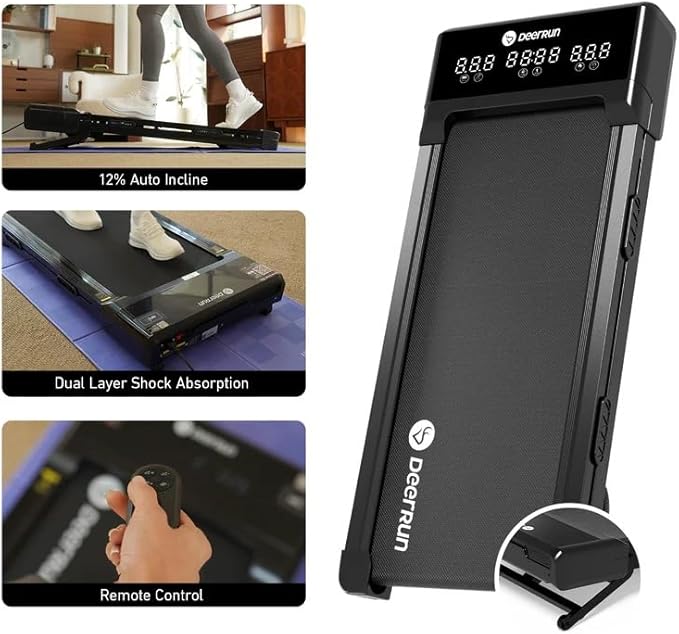 DeerRun Walking Pad Treadmill with Incline, 12% Auto Incline Under Desk Treadmill, 3.0 HP, 300 lb Capacity, Portable Treadmill for Home Office, Remote & App Control