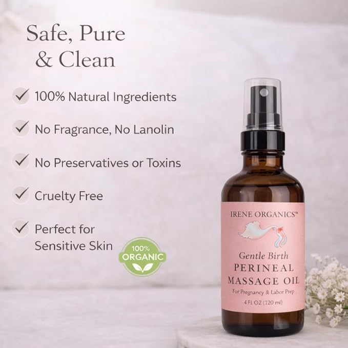 Organic Perineal Massage Oil Spray by Irene Organics for Pregnancy and Postpartum - Prevention for Perineum Tearing, All Natural, Pregnancy Third Trimester Must Haves for Childbirth