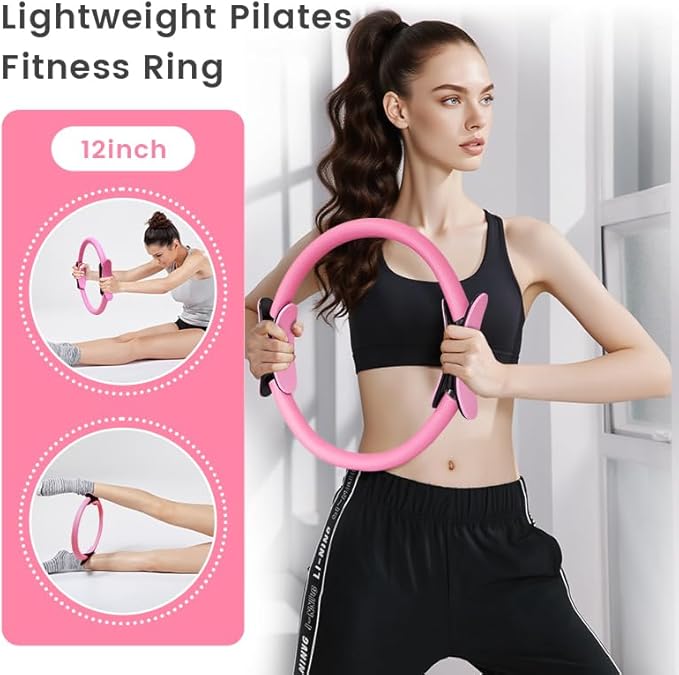 Complete Home Pilates Essentials Kit for Women - 13-Piece Pink Magic Circle Set with Resistance Bands, Yoga Ball, Stretch Strap & Gym Bag