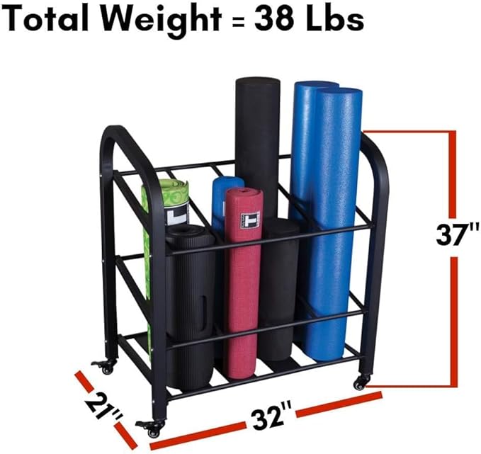 Body-Solid (GYR500 Foam Roller Storage Organizer and Yoga Mat Rack Holder with Lockable Wheels, Commercial and Home Gym Accessories Can Hold 12 Fitness Rollers and Mats