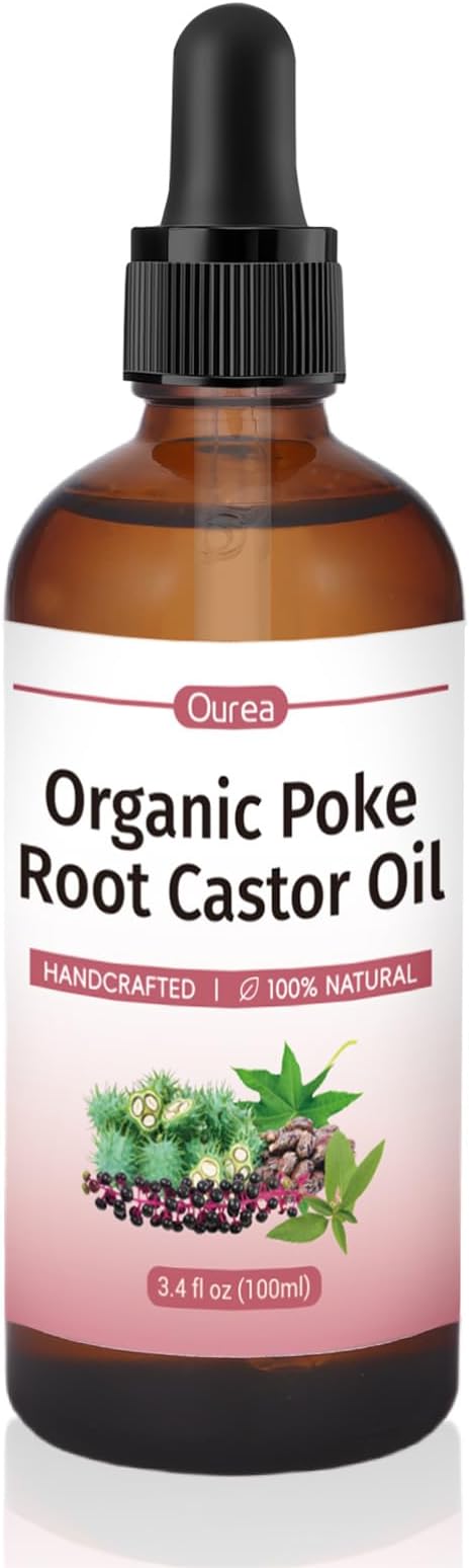 Poke Root Castor Oil Organic - 3.4 Fl Oz - Lymphatic Support Massage Liquid, Supports Boils, Fibroids, Cysts, Swollen Lymph Nodes, Breast & Joint Health, Natural Deep Tissue Relief Drops