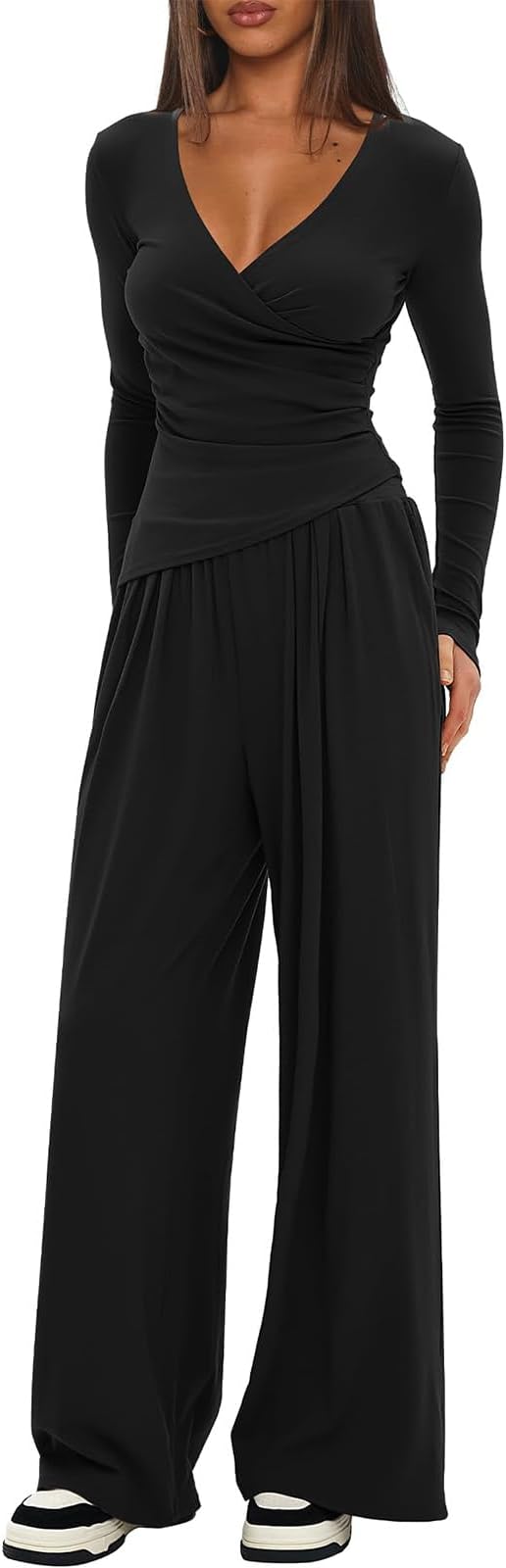 Womens 2 Piece Outfits Pilates Yoga Long Sleeve Tops Wide Leg Pants Sets Sexy Fashion Workout Outfits Casual Clothes