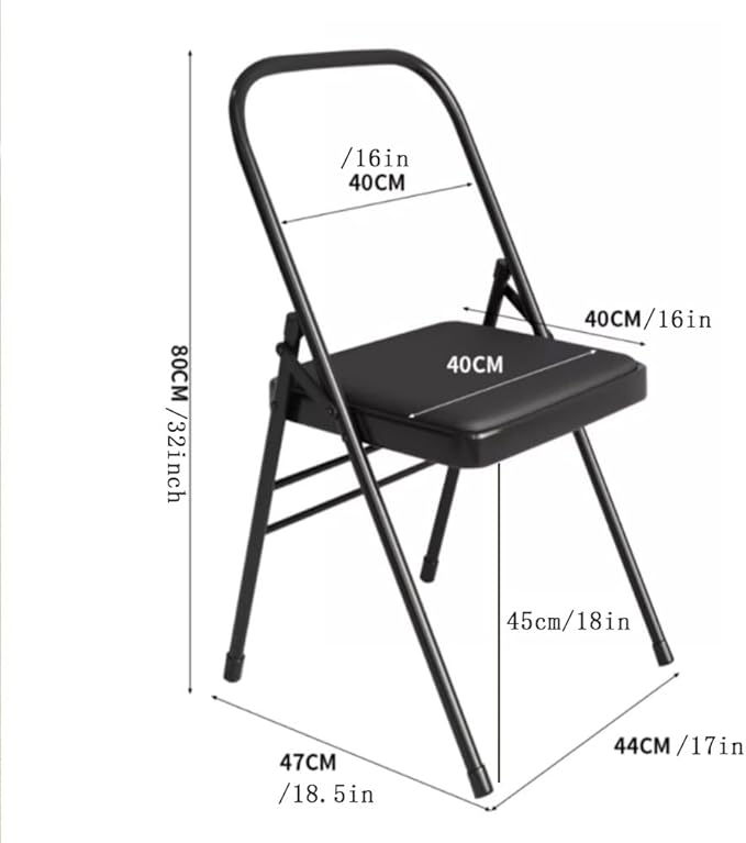 Foldable Iyengar Yoga Chair, Black, 18inch Seat Height, Adult, Indoor, Faux Leather, High Back, Armless, Rectangular, Compact, Yoga, 1 Count