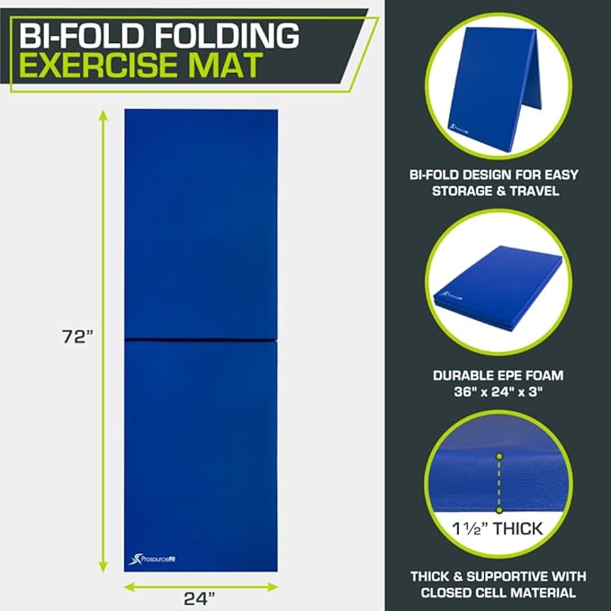 ProsourceFit Bi-Fold Folding Thick Exercise Mat 6’x2’ with Carrying Handles for MMA, Gymnastics Core Workouts