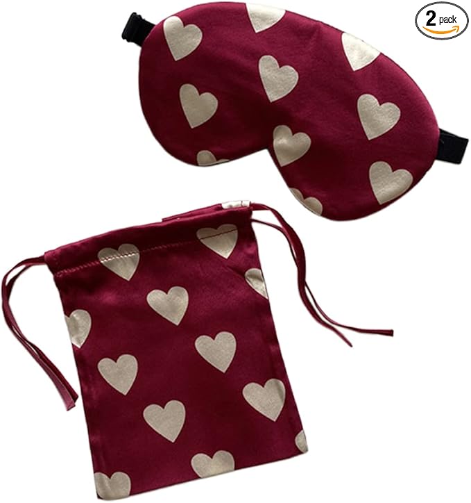 Red Heart Silk Sleep Eye Mask Storage Bag Set Women Adjustable Soft Mulberry Silk Blackout Eye Cover for Yoga Travel Nap Head Mounted