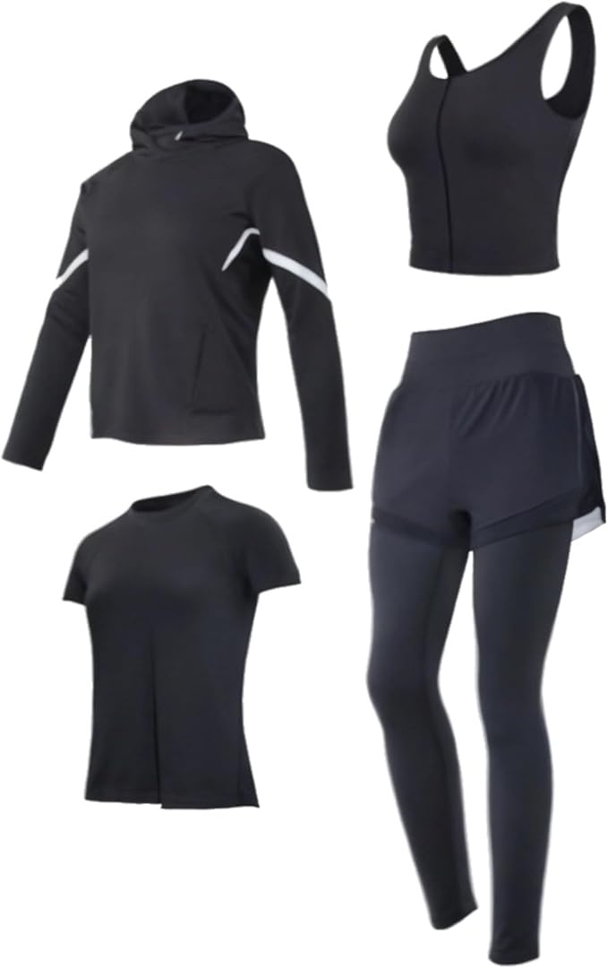 Pilates Set For Women, Four-Piece Yoga Outfit With Jacket, Bra Top, Shorts, And Pants, Xxl, Black, Breathable, Anti-Pilling, Fits 5 Ft To 5 Ft 11 In, 110 To 330