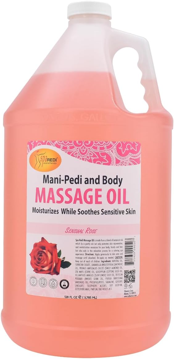 SPA REDI - Sensual Rose Massage Oil, 128 Oz - Professional Pedicure, Manicure & Full Body Therapy, Blend of Almond, Cotton Seed, Sunflower & Avocado Oils, Infused with Essential Oils & Vitamin E