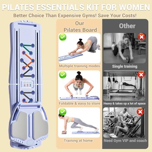 Foldable Pilates Board with Mat, Bar, Slider & Resistance Bands - Portable Reformer Machine Kit for Home, Gym & Office Workouts - Multifunctional Equipment for Women