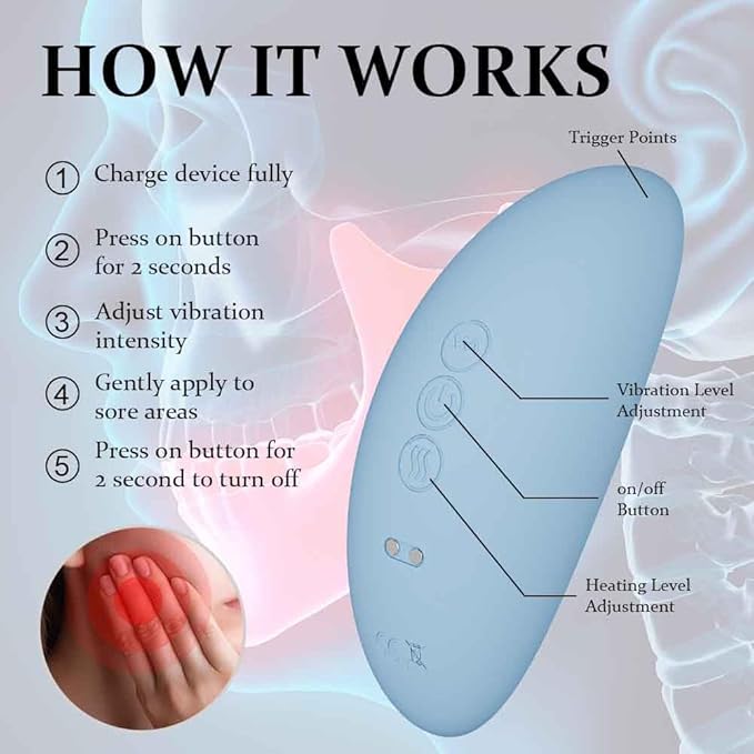 TMJ Relief Products Jaw, TMJ Relief Massager, Ergonomic TMJ Massage Tool - Gentle Vibrations and Heat for Pain Relief, Tension, and Stiffness