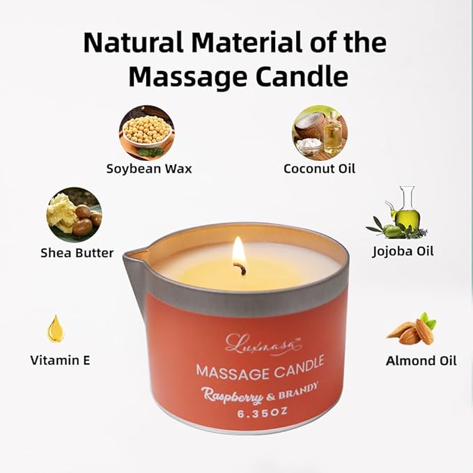 Natural Soybean Massage Candles for Massage Therapy-Romantic Candles for SPA Treatment-Body Oil Candle for Relaxation 6.35OZ (Raspberry & Brandy Scent)