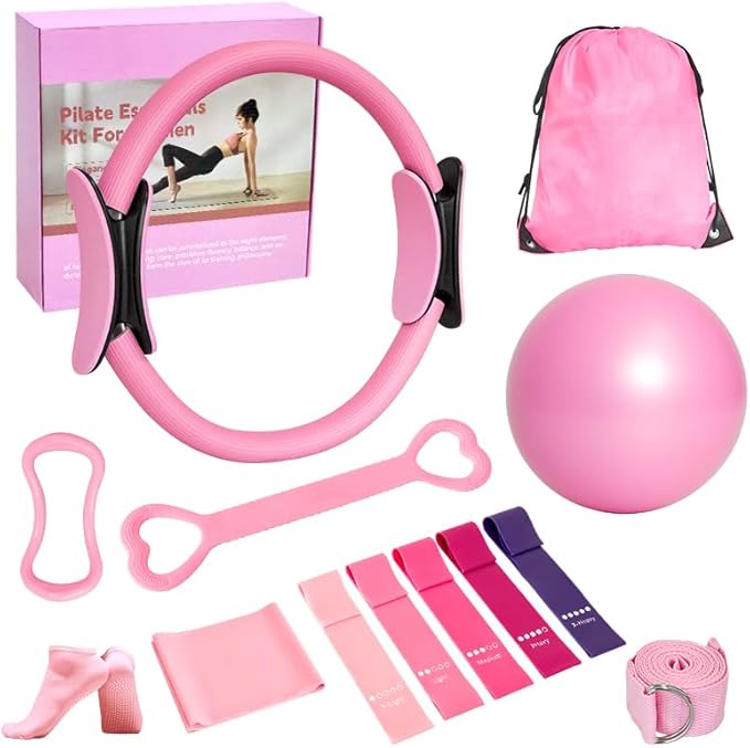 Complete Home Pilates Essentials Kit for Women - 13-Piece Pink Magic Circle Set with Resistance Bands, Yoga Ball, Stretch Strap & Gym Bag